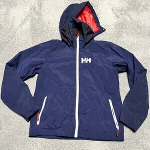 Helly Hansen Jacket Kids Youth 176 /16 Lightweight Rain Hooded Blue Coat